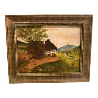 Small Vintage Landscape Painting With Chickens Signed For Sale