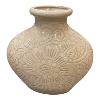 Vintage Cream Ceramic Floral Relief Vase For Sale