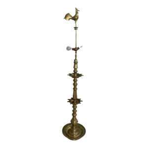 Late 20th Century Traditional Rooster Brass Oil Lamp Hindu Floor Lamp