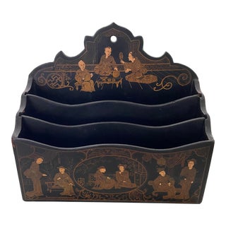 Late 20th Century Black Lacquered Chinoiserie Letter Caddy / Holder With Asian Scenic Life For Sale