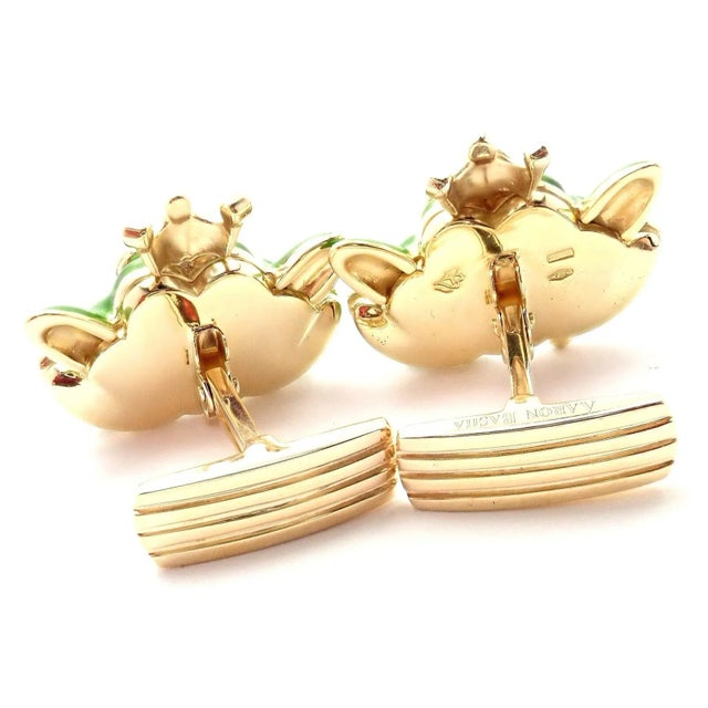 Aaron Basha 18k Yellow Gold Diamond Enamel Frog Prince Cufflinks - A Pair For Sale In Philadelphia - Image 6 of 7