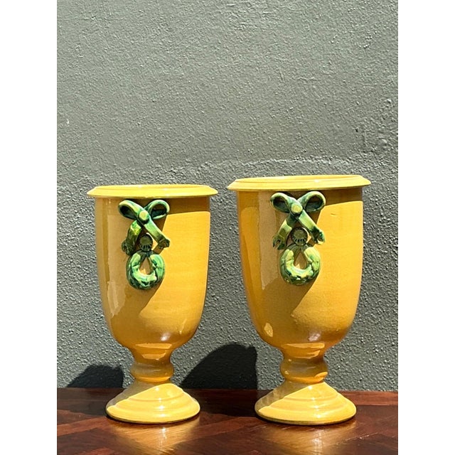 Vintage Italian Pedestal Ceramic Vases With Bow Detail For Sale - Image 10 of 12