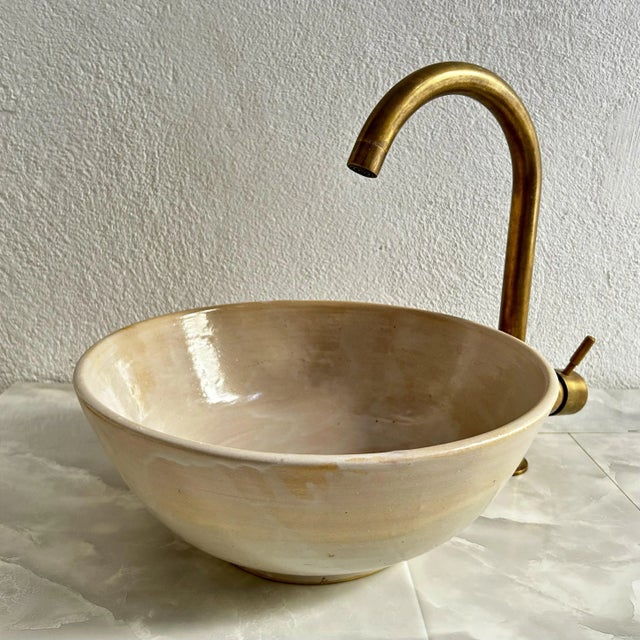 Bohemian Natural Clay Handcrafted Vessel Sink with Brass Drain For Sale - Image 6 of 10