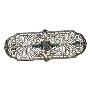 The El Granada: Antique Filigree Brooch with Old Cut Diamond and Emeralds For Sale