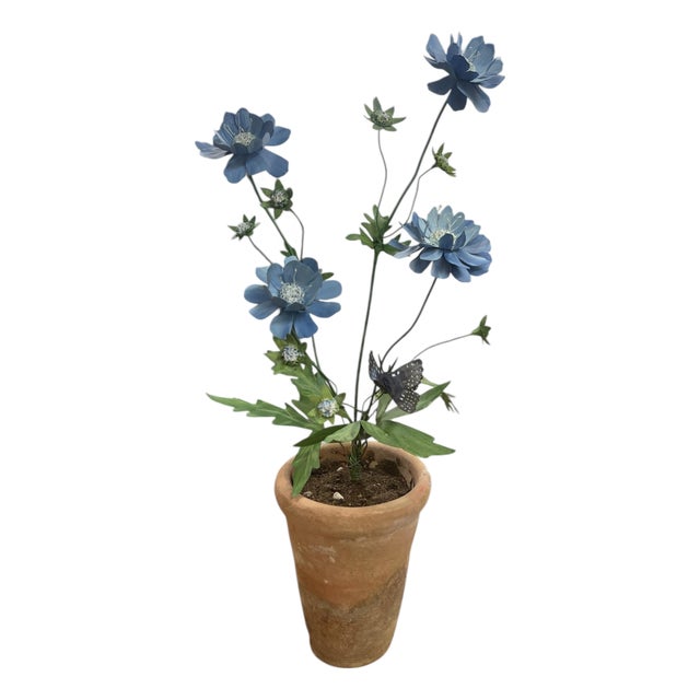 Charming Faux Blue Botanical Study in Terracotta Pot For Sale