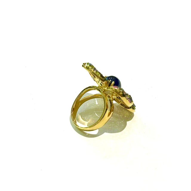 Bochic "Orient" Natural Blue Sapphire & Multi Sapphire Cocktail Ring Set 18K Gold&Silver Natural Center Blue Sapphire -...