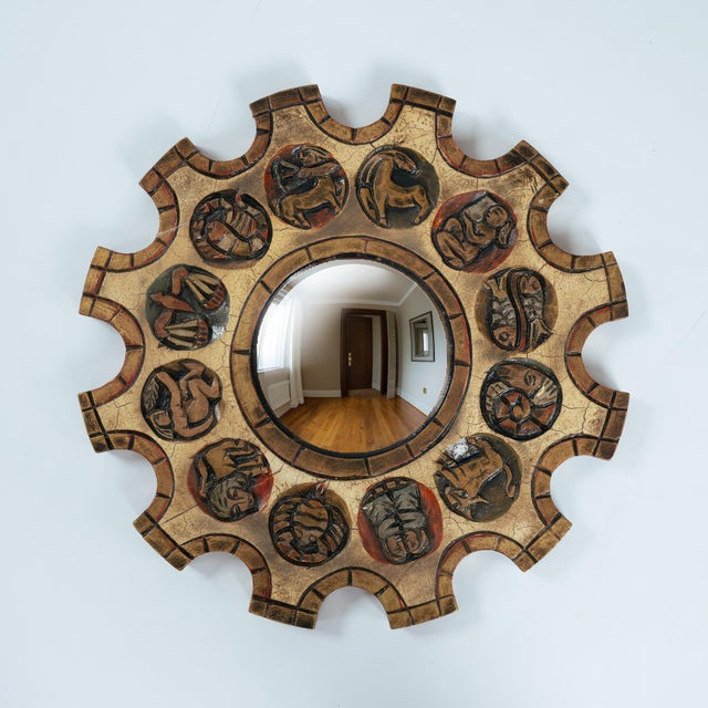 Spanish Zodiac Sunburst Mirror with Red Giltwood Carved Frame, Arnolfini, 1950s For Sale - Image 15 of 15