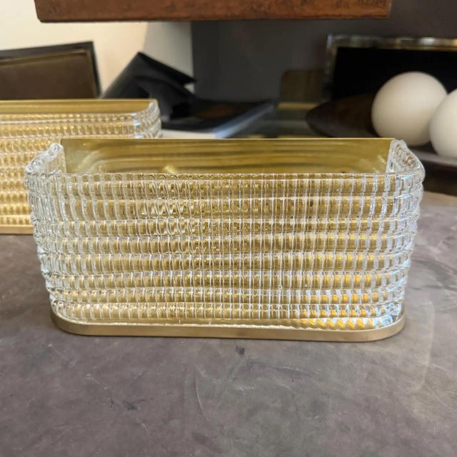 Mid-Century Modern Two 1990s Mid-Century Modern Italian Brass and Glass Rectangular Wall Sconces For Sale - Image 3 of 11
