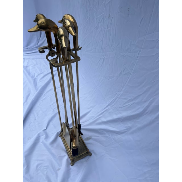 Mid-Century Modern VIntage Brass Mallard Duck Fireplace Tools With Stand- 5 Pieces For Sale - Image 3 of 8