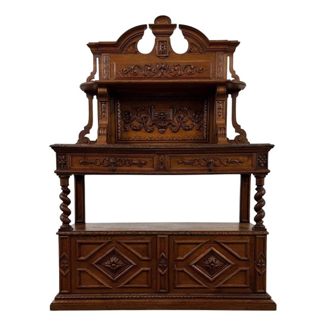 Antique English Golden Oak Sideboard with Barley Twist Supports, 1800s For Sale