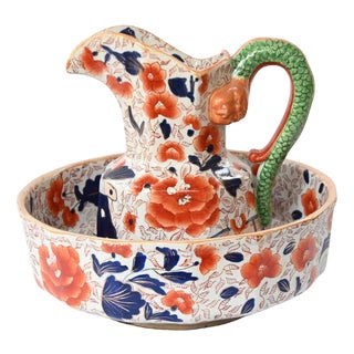 Imari Style Floral Jug and Basin with Serpent Handle For Sale