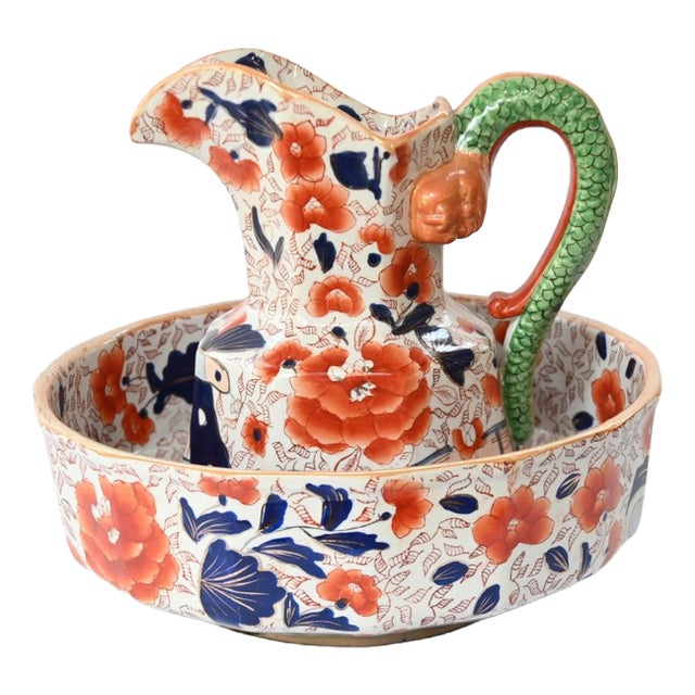 Imari Style Floral Jug and Basin with Serpent Handle For Sale