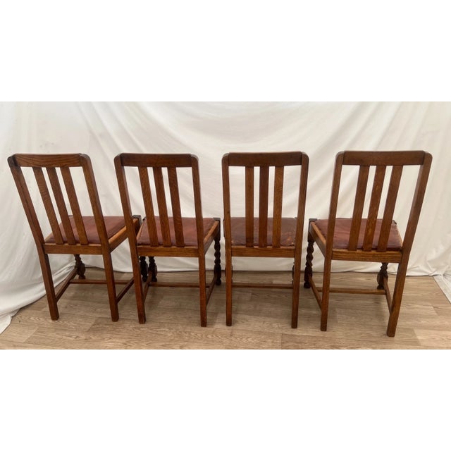 Early 20th Century Antique Chairs Set of Four, Barley Twist Legs, Solid Oak, Brown Vinyl Seats For Sale - Image 5 of 13