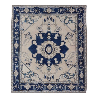 Navy Blue Oushak Vintage Rug With Traditional Medallion Design For Sale