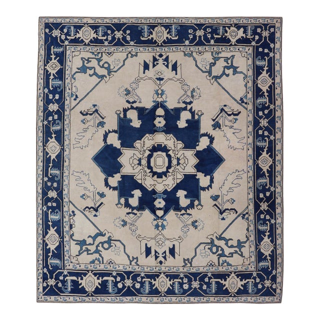 Navy Blue Oushak Vintage Rug With Traditional Medallion Design For Sale
