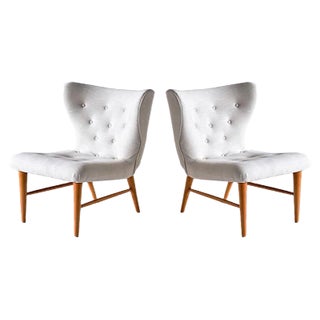 Set of Lounge Chairs in Ivory Linen and Elm by Eric Bertil Karlén, Sweden, 1940s For Sale