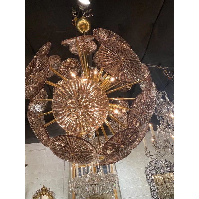 2000 - 2009 Pink Murano Glass & Brass Disc Form Sputnik Sphere Chandelier For Sale - Image 5 of 8