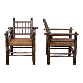Mid 20th Century Charles Dudouyt Turned Walnut + Rush Seat Armchairs - a Pair For Sale