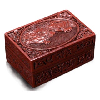 Chinoiserie Red Lacquer Document Box, Rectangular Relief Carved Landscape, Tabletop Decor For Sale