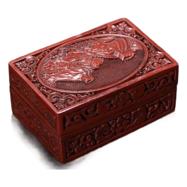 Chinoiserie Red Lacquer Document Box, Rectangular Relief Carved Landscape, Tabletop Decor For Sale