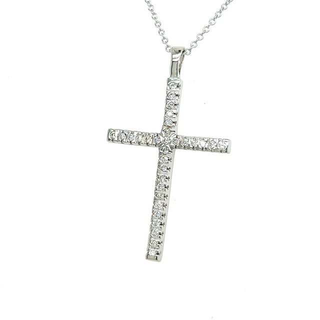 Natural Diamond Cross Pendant 17" Chain 14k White Gold 0.41 TCW Certified For Sale - Image 4 of 11