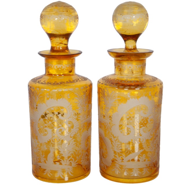 Antique Pair 19th Century Etched Bohemian Amber Glass Wine Liquor Decanters 1880 For Sale - Image 4 of 15