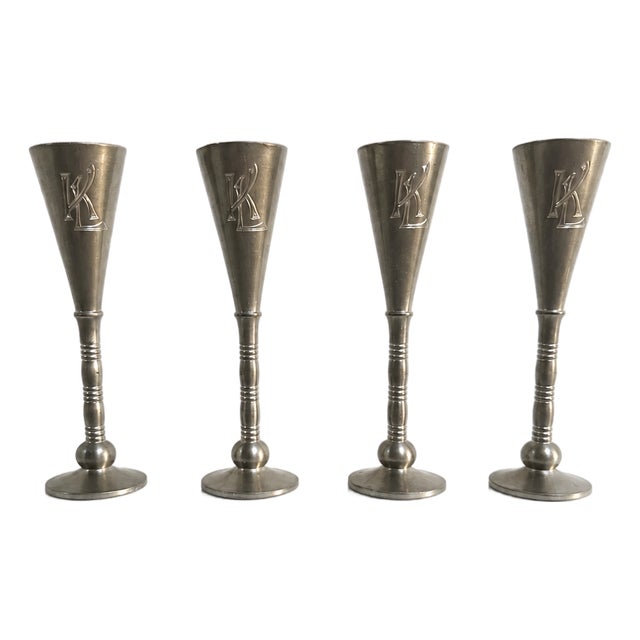 Art Deco Pewter Liquor Goblets by Just Andersen with Monogram KL, 1930s, Set of 4 For Sale