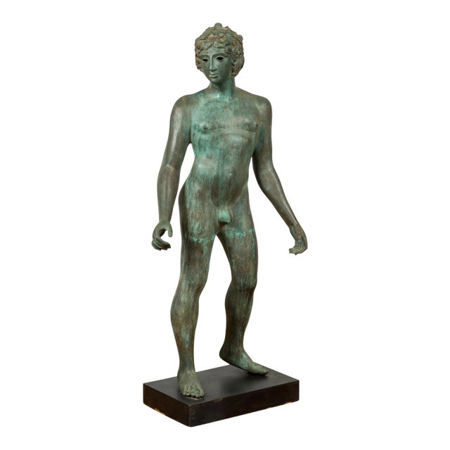 Mid 20th Century Greco Roman Style Verde Bronze Nude Male Statue For Sale