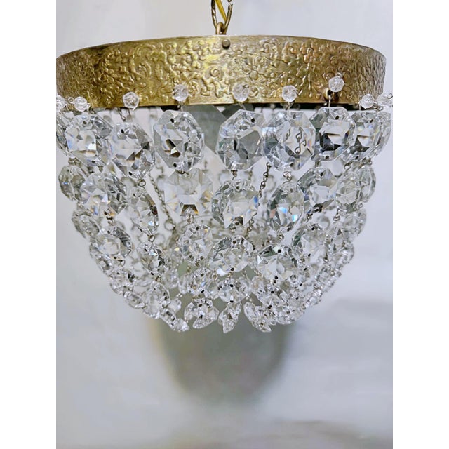 Vintage Hollywood Regency Textured Florentine Brass Tiered Crystal Basket Chandelier For Sale - Image 9 of 9