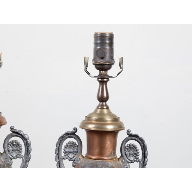 Metal 19th Century English Tôle Amphorae Shaped Table Lamps on Lucite Bases - a Pair For Sale - Image 7 of 12
