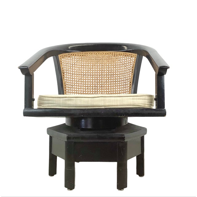 Mid 20th Century Vintage Hollywood Regency Black Lacquer Swivel Chair With Cane Back For Sale - Image 5 of 18