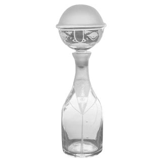 Vintage Stenciled Bartender Man Frosted and Clear Glass Decanter Bottle, 70's For Sale