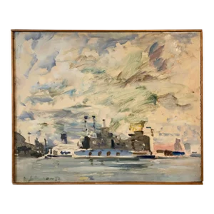 Raoul Middleman, 1972 Gestural Oil Painting Boat in Harbor Figural Abstraction Raoul Middleman, 1972