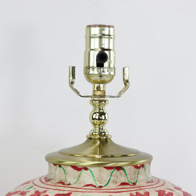 Pair of Vintage Brunschwig & Fils Cadiz Table Lamps - Red and Cream Ceramic With Elephant and Camel Motif For Sale - Image 9 of 13