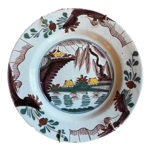 Antique 18th Century Delft Polychrome Tin Glaze Faience Plate Decorated With Chinese Landscape