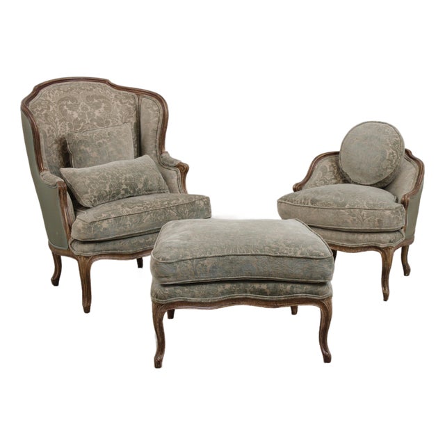 Louis XV Style 3 Piece Upholstered Chaise Lounge Chair Set For Sale