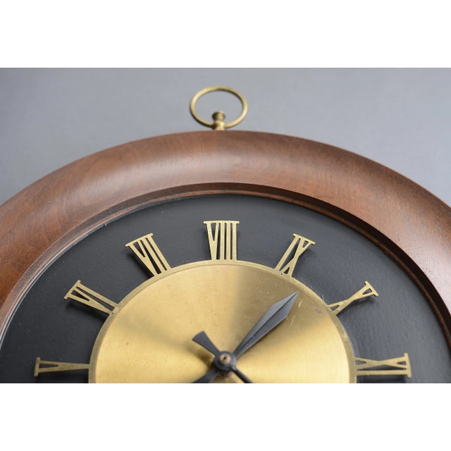 Large Round Danish Modern Sculpted Walnut & Brass Clock With Roman Numerals For Sale - Image 10 of 13