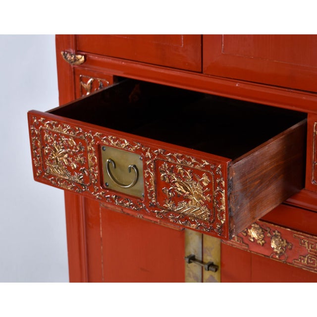 Ornately Carved Asian Modern Red Lacquer Gilt Gold Armoire With Brass Hardware For Sale - Image 6 of 14