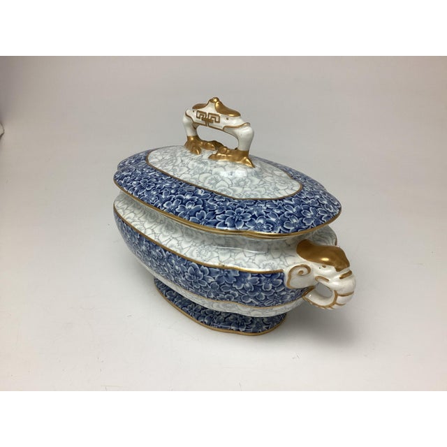 English Antique Royal Worcester Blue White and Gold Sauce Tureen With Elephant Handles For Sale - Image 3 of 8