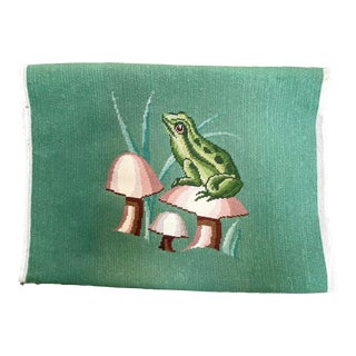 Vintage Handmade Needlepoint Frog on Toadstool Fragment For Sale