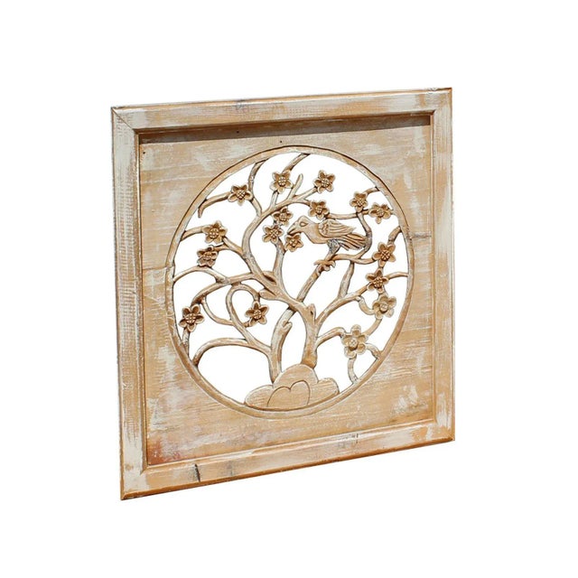 Chinese Off White Wash Lacquer Chinese Birds & Flowers Square Wall Panel For Sale - Image 3 of 7