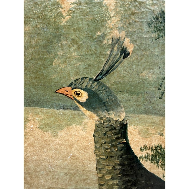 Wood Vintage Hand-Painted Peacock & Landscape Four-Panel Folding Screen For Sale - Image 7 of 16