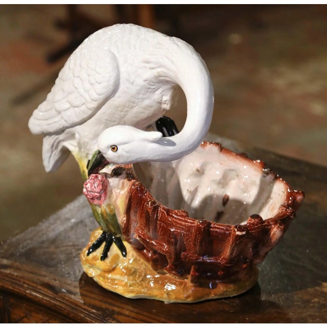 Mid-Century Italian Majolica Swan Cachepot Planter With Barbotine Decor For Sale - Image 4 of 10