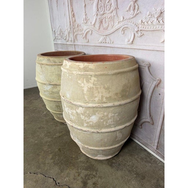 Pair of French Style Olive Jar Planters - Terracotta Barrel Pots For Sale - Image 9 of 13
