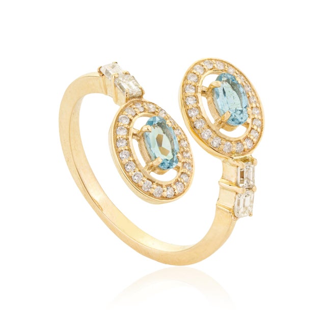 14k Gold Handmade Natural Aquamarine & Diamond Bypass Wrap Ring Size 8 For Sale - Image 4 of 15