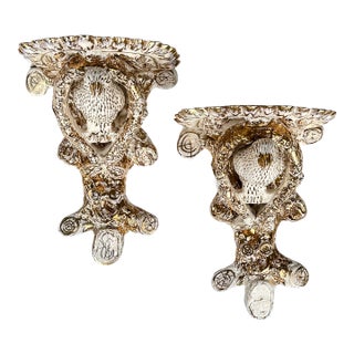 Pair of Gilt Porcelain Wall Brackets, Faux Bois and Parrots, 19th Century For Sale