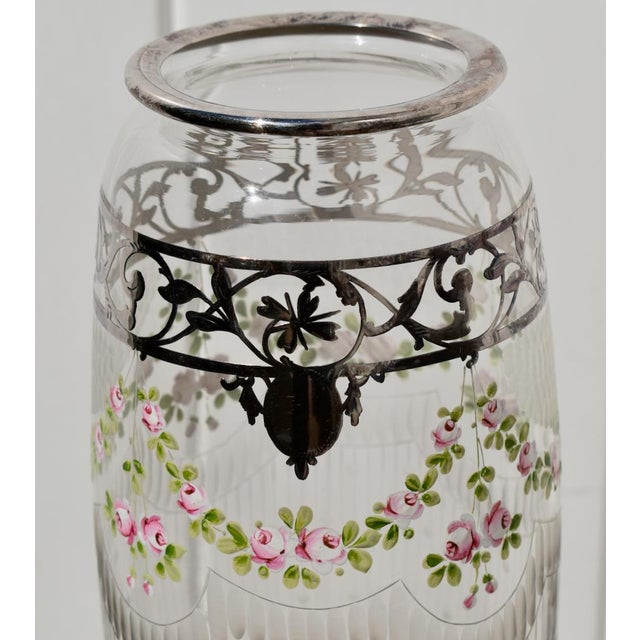 Transparent Antique Bohemian Etched Glass Vase W/Floral Enamel and Sterling Silver Overlay For Sale - Image 8 of 13