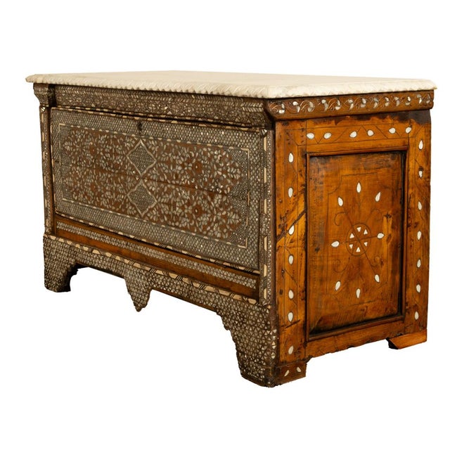 Antique Arabic Walnut Inlaid Mother-of-Pearl Dowry Marriage Chest Damascus 1860 For Sale - Image 14 of 17