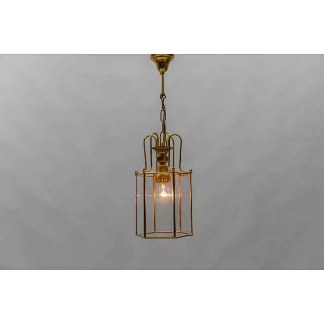 Mid-Century Modern Art Deco Cut Glass Pendant Lamp in Brass, Austria, 1940s For Sale - Image 3 of 10