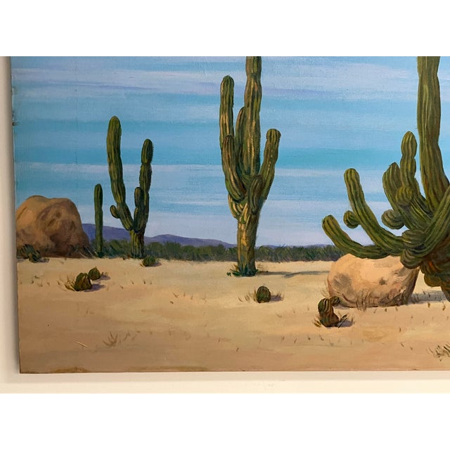 Striking large-scale desert landscape painting by Becrio, dated 1990. This original work depicts a Southwestern desert...